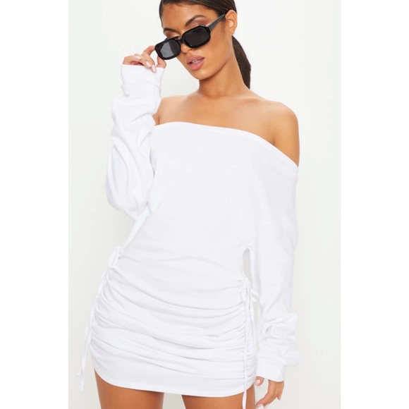 Pretty Little Thing, White Bardot Ruched Side Sweat Sweatshirt Dress, Si… - Picture 5 of 8